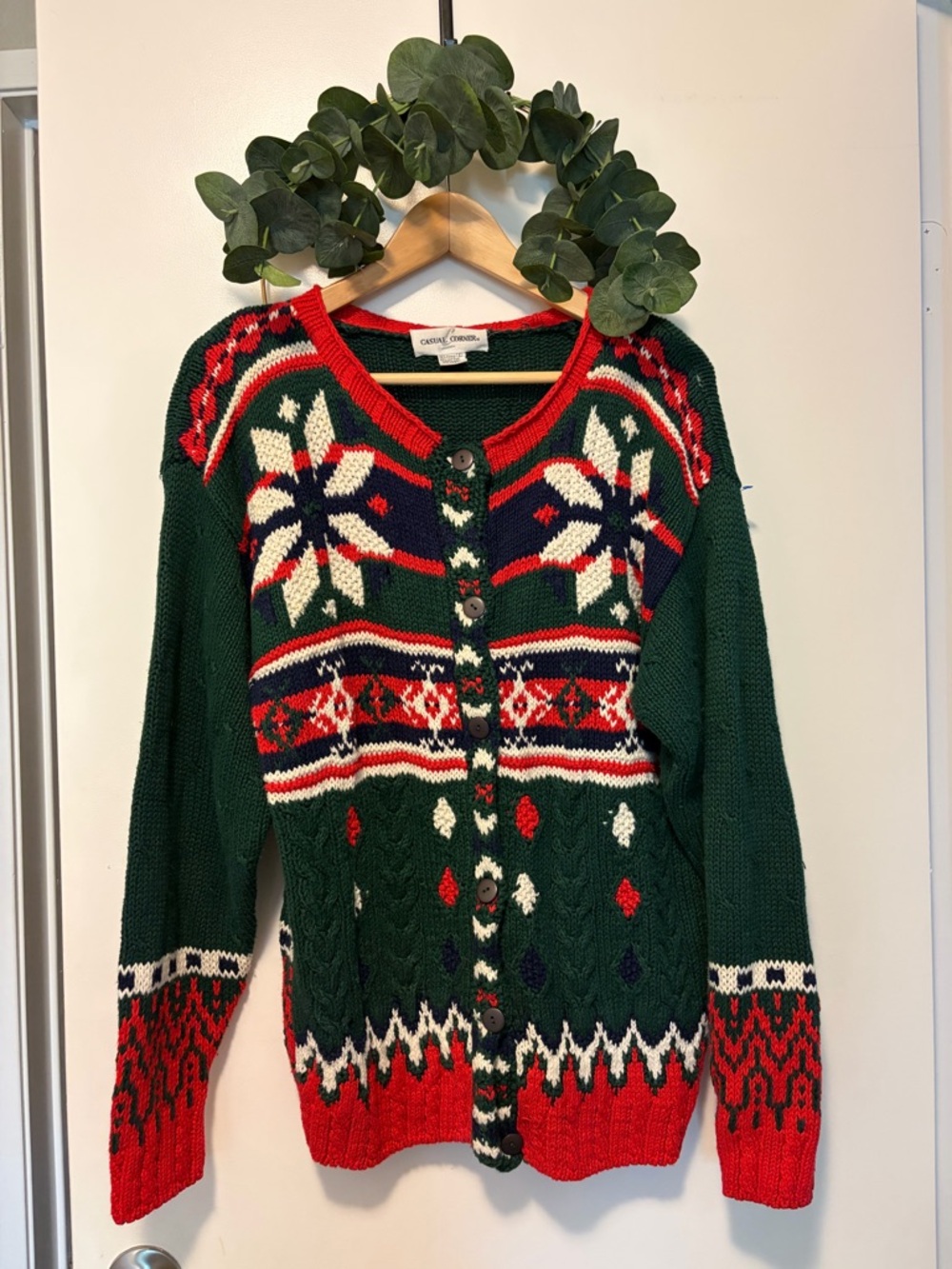 Casual Corner Green Fair Isle Cardigan with Red and Navy Accents
